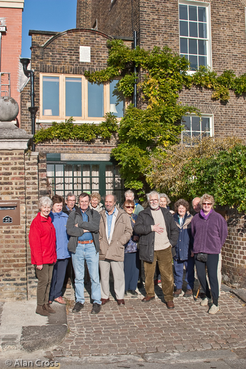 The gang outside the building where the first electric telegraph was constructed in 1816 by Sir Francis Ronalds