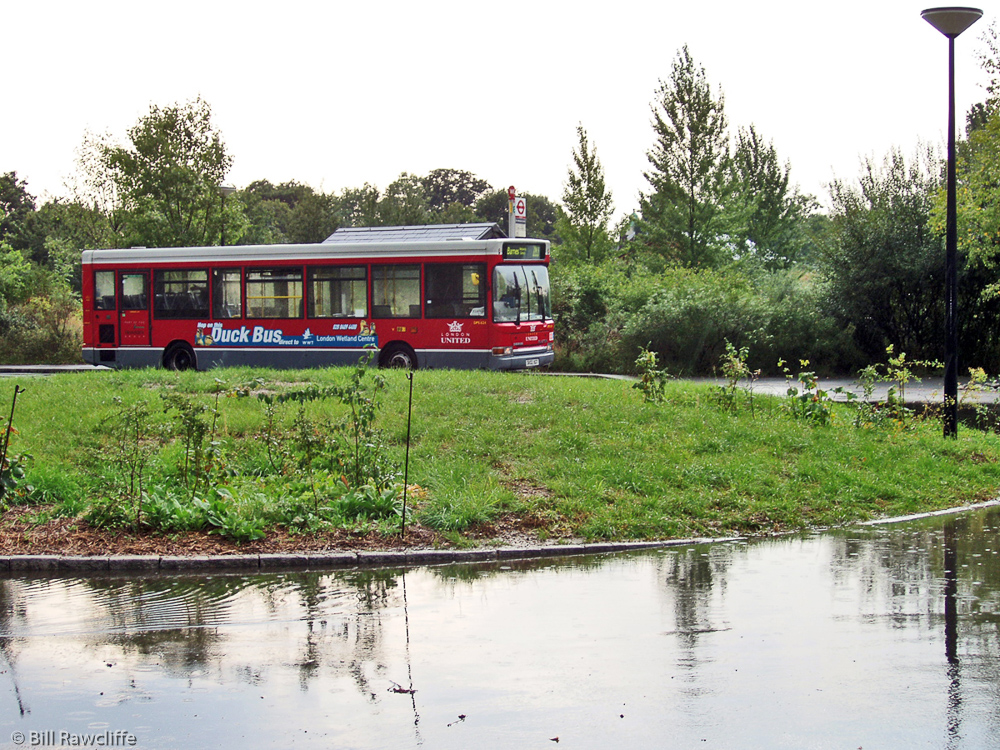 The aptly named Duck Bus waiting to transport visitors away from the WWT Centre via the flooded rounabout!