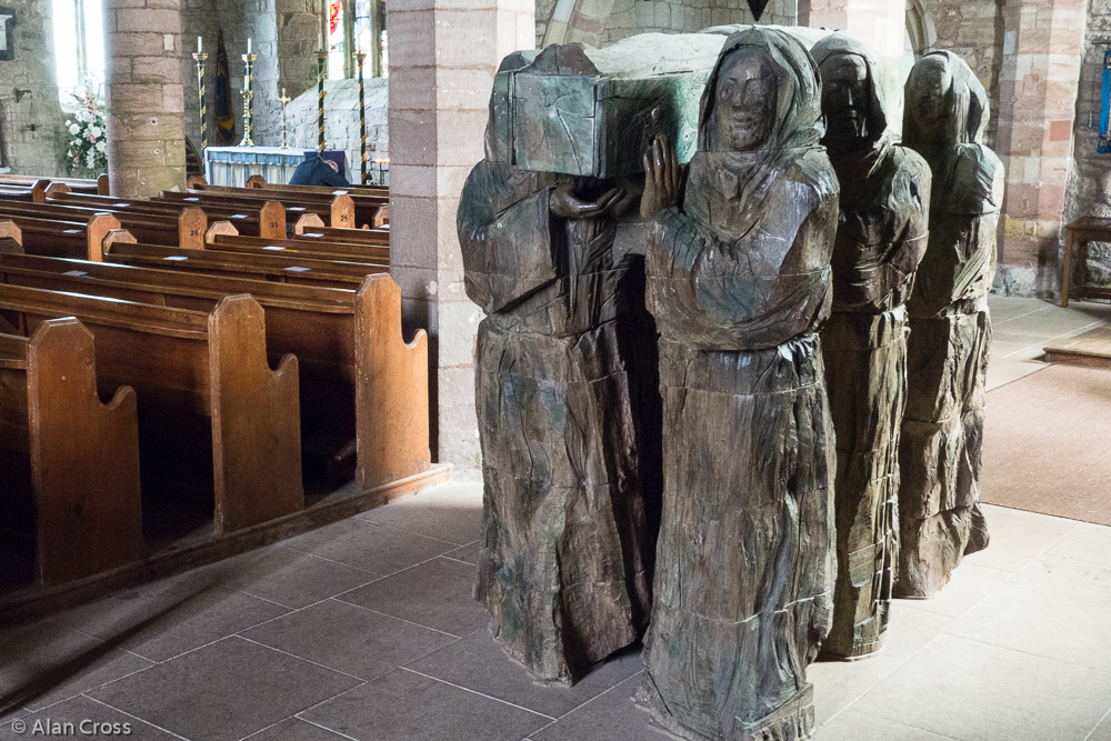 Inside St Maty's Church: sculpture commemorating St Aidan
