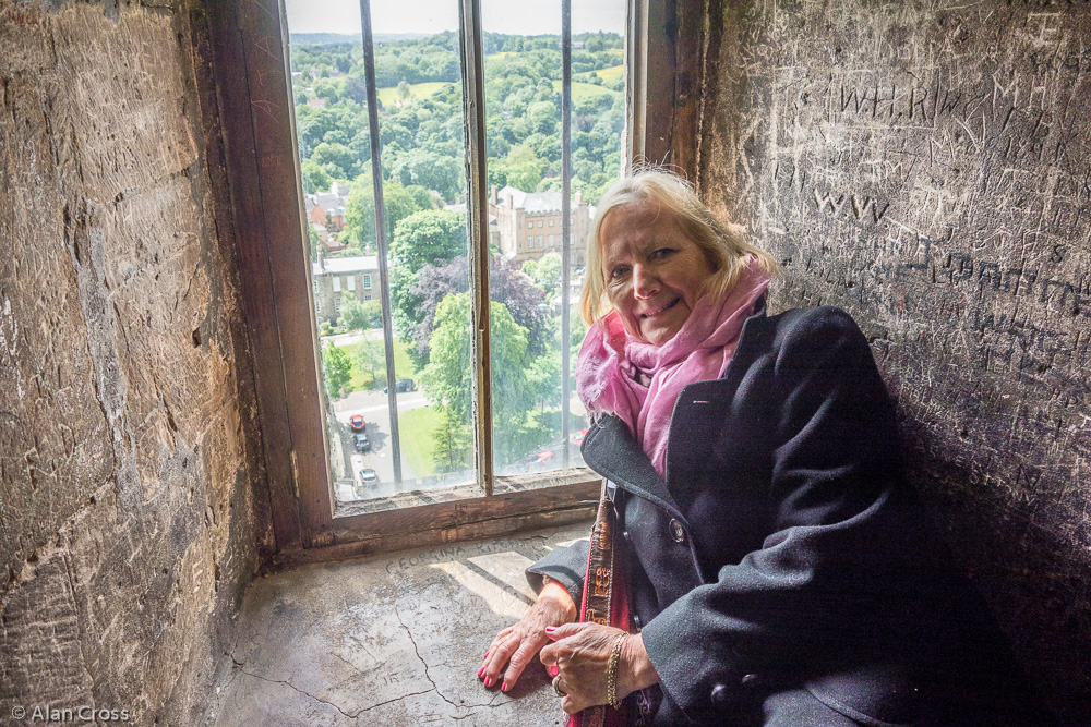 Eileen resting half-way up to the top of the Cathedral Tower