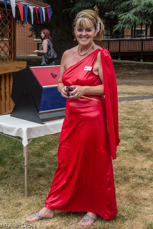 Sue Simonds, Glebelands Activities Manager, looking stunning in her red toga