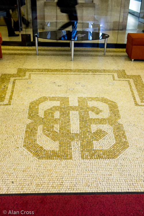 The old BBC logo set into the mosaic floor of the Art Deco foyer in the old building