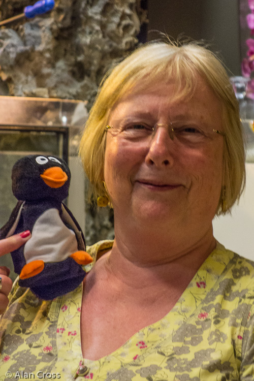 Back in Suances again: Sue in the bar with her talking penguin!