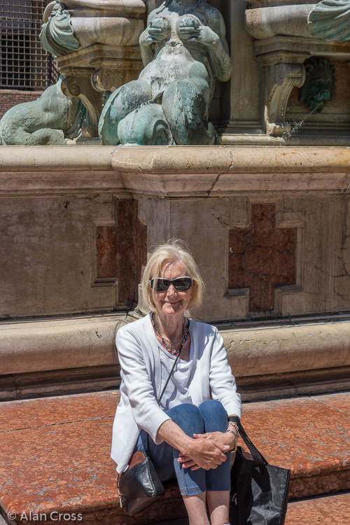 Bologna, Eileen at the foot of the statue of Neptune