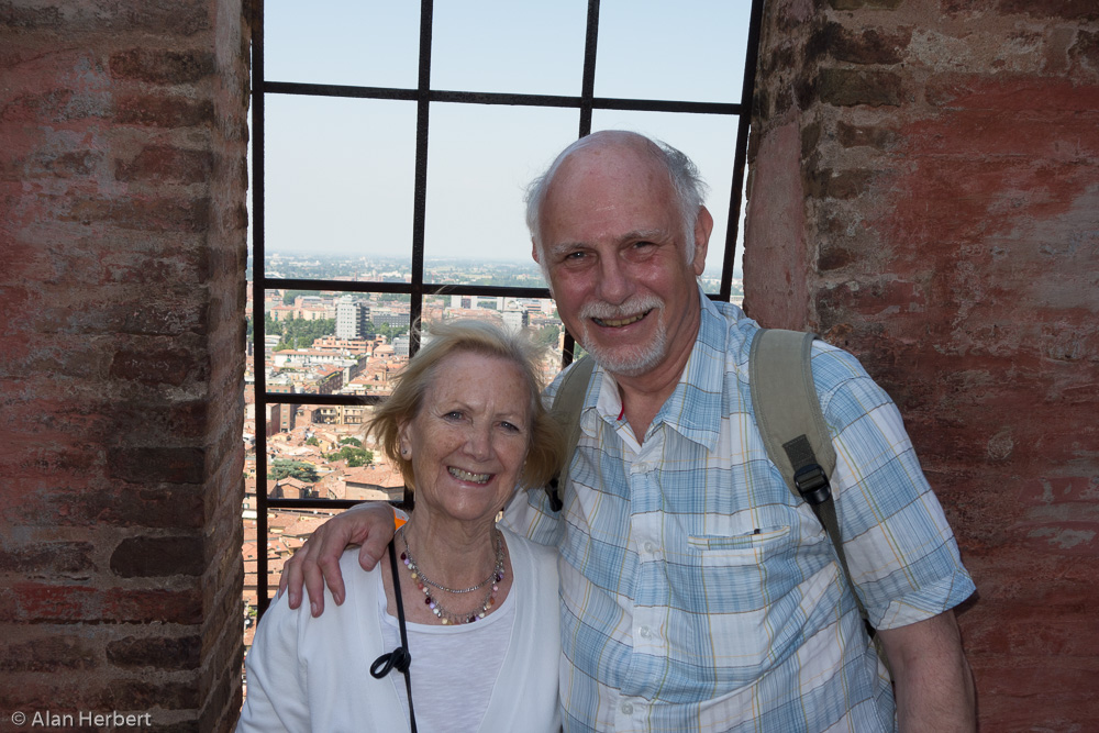 Bologna. Eileen and Alan (and Alan H) climbed the 500 steps to the top of Torre Degli Asinelli