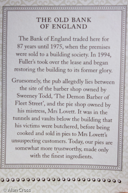 Potted history of The Old Bank of England pub, as found on the menu!