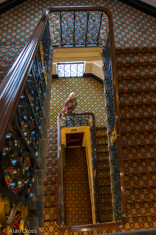 Eileen on the Victorian stairs of the Hotel