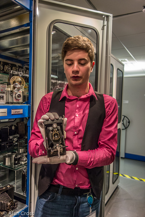 Guided tour in the basement archive: Our guide Lewis Pollard explaining one of the cameras