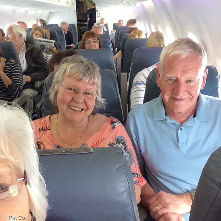 Pat Cox's photograph of the ARTS group flying from Southampton to Lyon featuring Ruth and Bob Taylor