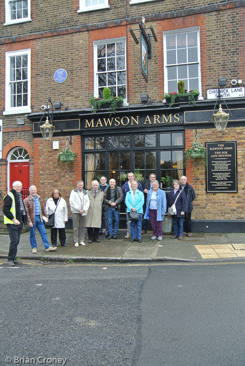 The group assembles outside the Mawson Arms
