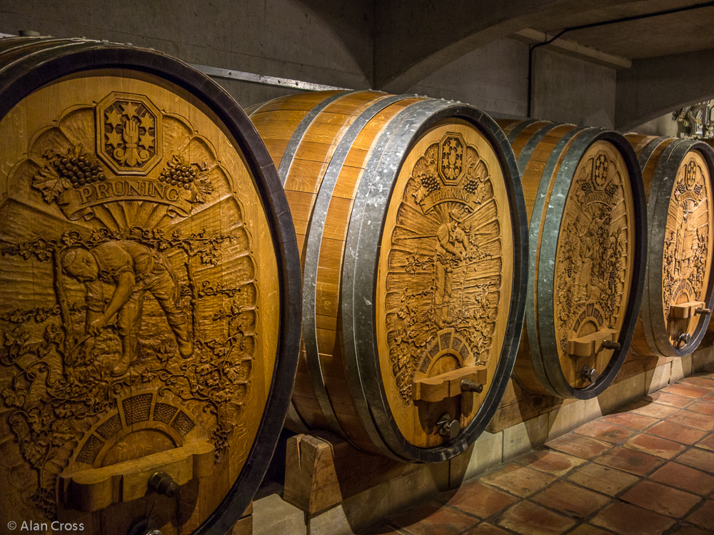 Decorative barrels made from local oak trees that were felled by the 1987 storm