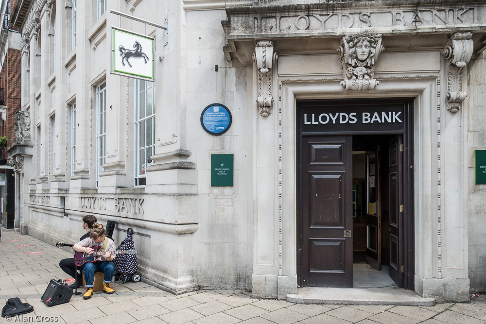 LLoyds Bank on Gentleman's Walk opposite the market, with Blue Plaque (see next photo)