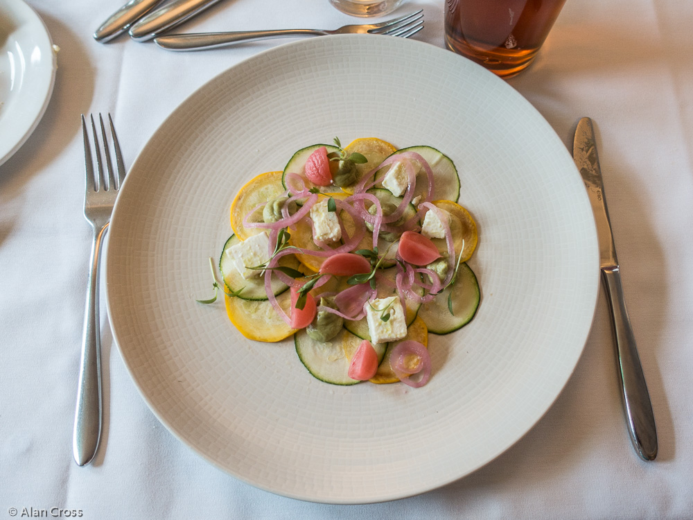 One of three starters on Day 2: 'Carpaccio of dual courgette, feta cheese, avocado puree, pickled red onion, coriander cress'