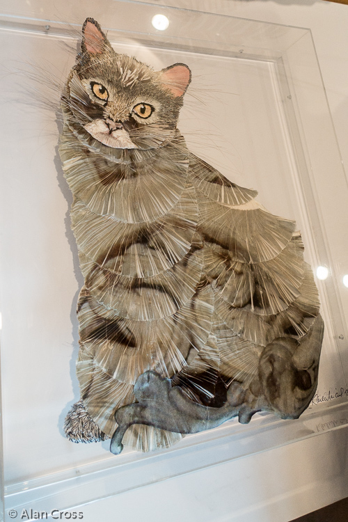 'Marble Cat', by Karen Nichol (2010). Digitally printed pleated silk, Irish machine embroidery and peacock 'hurl' whiskers