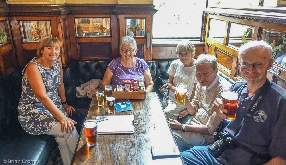 Jan, Jacklyn, Rima anf Peter Horton and Howard B-G enjoying a pint in the renowned Crown Bar