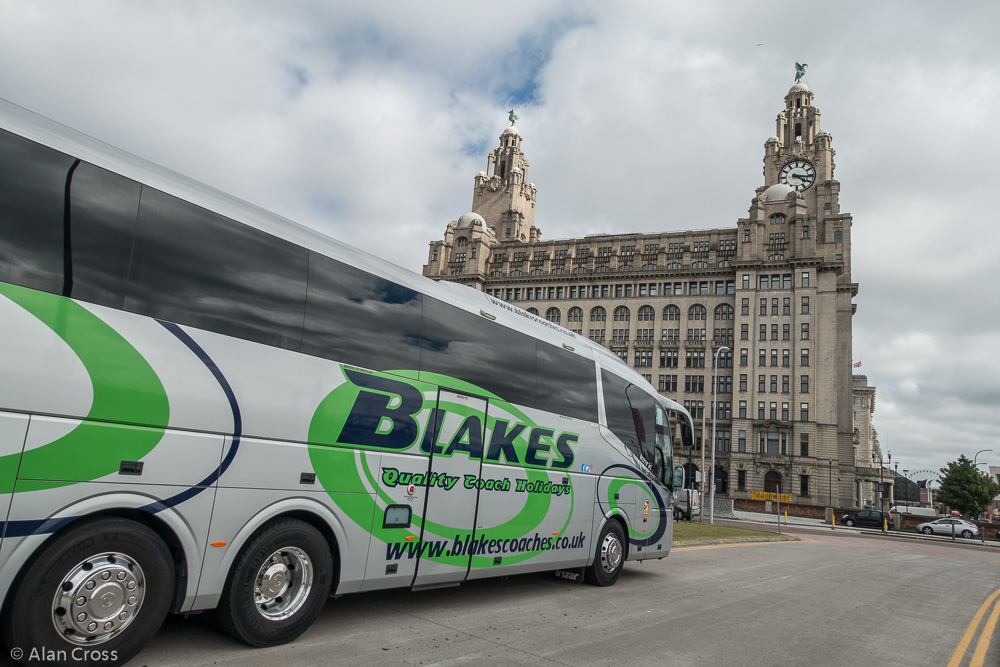 Our coach outside the Royal Liver Building