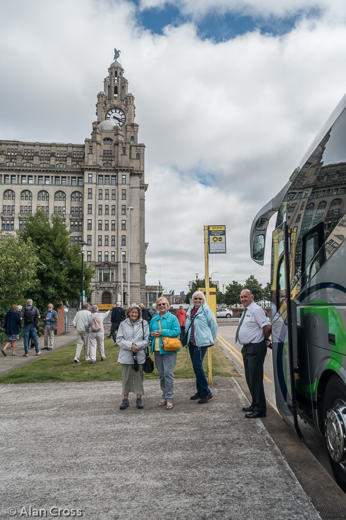 Our coach outside the Royal Liver Building