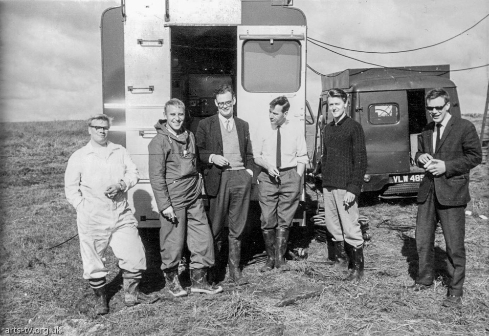 Smoko – 6 men back of scanner, Mike Hobbs (2nd left), Edward Fox (?) (2nd right) , location - Imber, uninhabitated village in British Army Training grounds, Salisbury Plain, Wiltshire