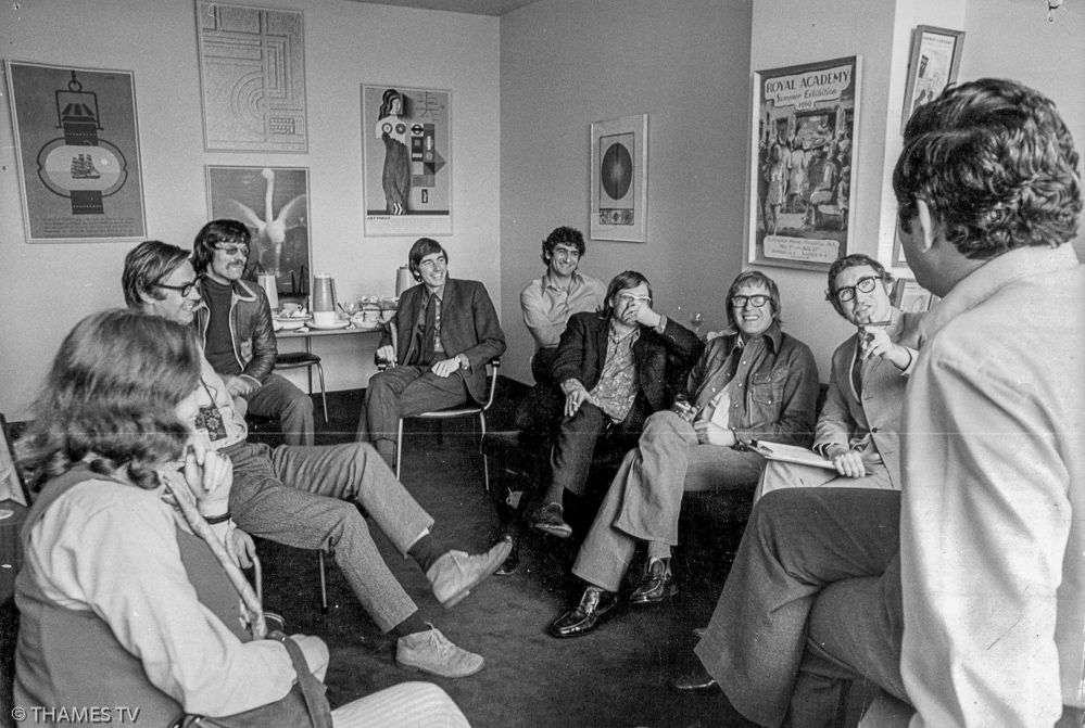Current Affairs, Features & Documentaries Dept staff in Jeremy Isaacs Office 1973/4. Meg ? later Sawford, Chris Rowley, Jolyon Wimhurst, Ian Martin, Arnold Bulka, Udi Eichler, Andy Andrews, John Edwards – TTV Copyright “No charge for reproduction in newspaper and/or magazines for programme or personality publicity if Thames TV credited”