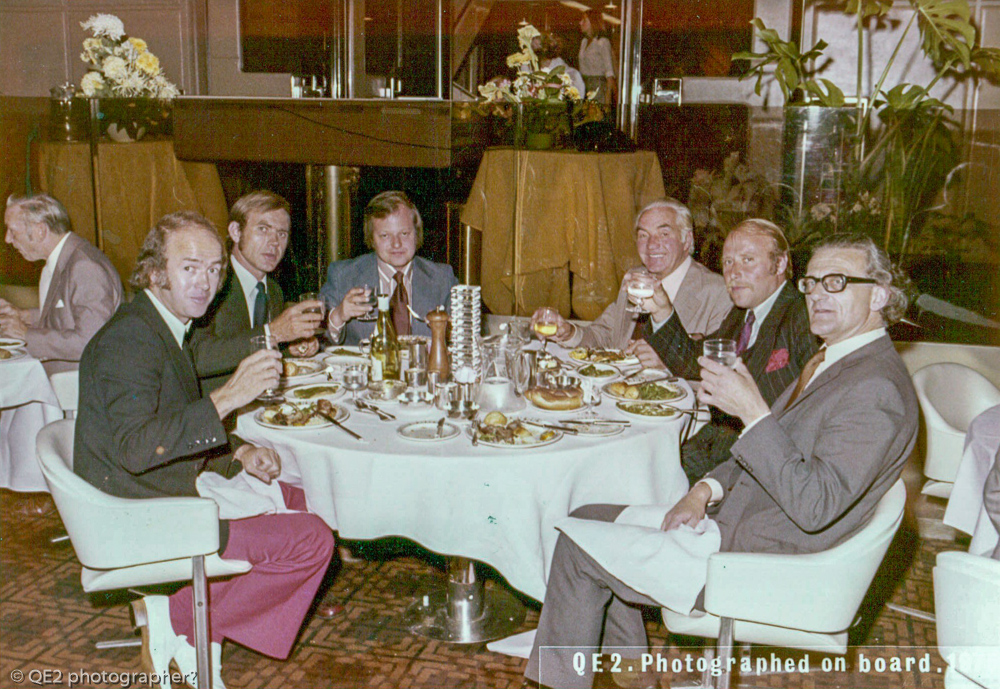 QE2 crew dining on board  - from left:  Phil Haines, Ray Nicholson, Chris Munt, Les Furlonger,  Mike Hobbs, Peter Bond