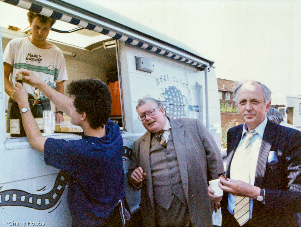 Richard Griffiths and Benjamin Whitrow at catering bus