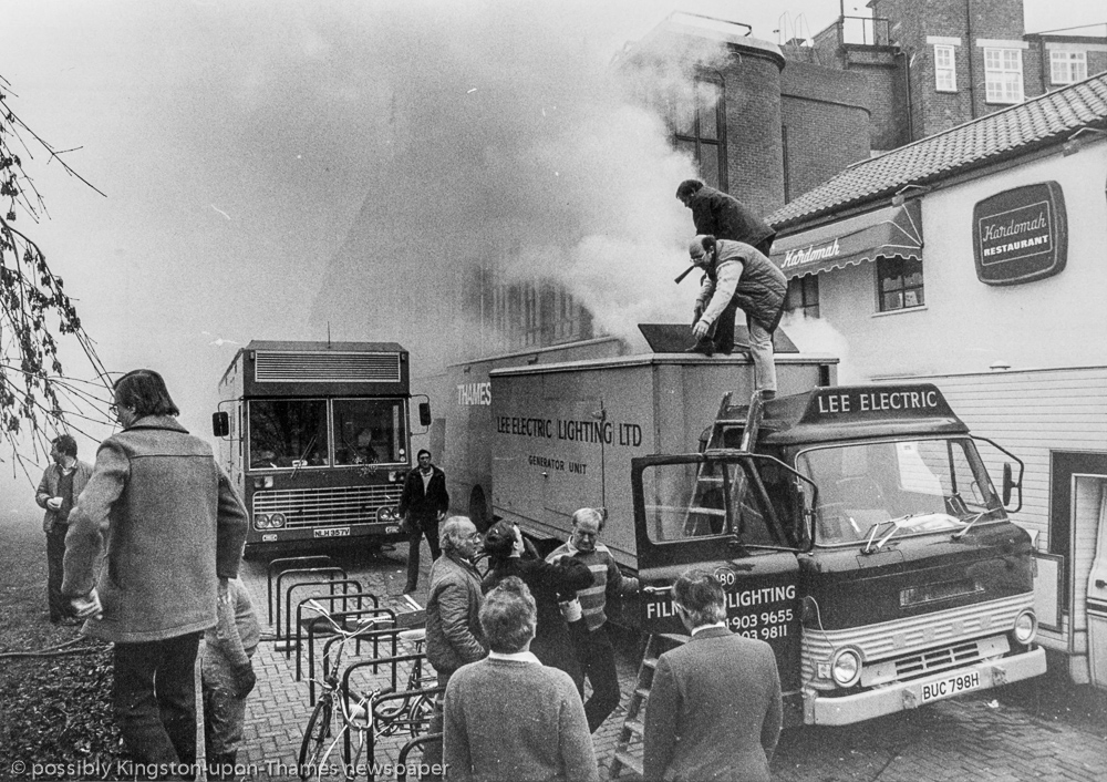 Lee Electric generator van fire – Kingston-on-Thames, Bill Smith stands centre, Derek Scott (striped shirt), John Oliver? Back to us left of frame