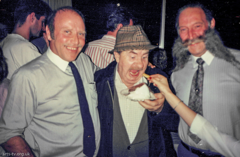 Happy threesome - Mike Hobbs, Leo McKern, Mike Solomon, Teddington cameraman with Guinness Book of Records’ moustache