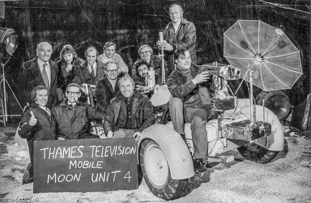 Crew group – “Thames Television Mobile Moon Unit 4”   TIYL? From left back; Les Furlonger, Ray Thorburn, Norman Andrews, Derek (Mitch) Michel, Fred Adlington, Ron Winfield (standing). <br /> Middle from left: Mel Davies, John Chapman, John Oliver. Front from left:  Peter Clark? (Director), Peter Bond, Mike Hobbs.