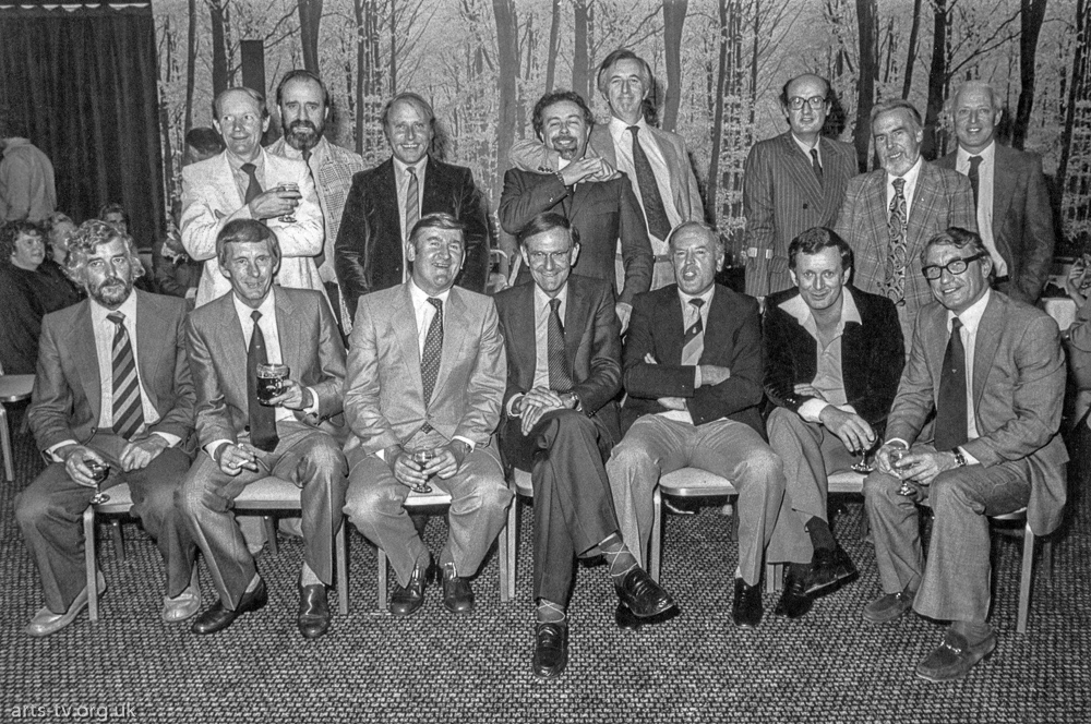 Seated group shot at function. Back from left:  George Sawford, Bill Metcalf?, Mike Hobbs, Peter?, Ken?, ?, Eric Jackson (Senior camera Euston), Ted? Front L-R:  Mike Custance?, Del Randall, Chris Palmer, ? Bob Gardam OB & Football Director LWT and ITV, Steve Minchin, Bert?