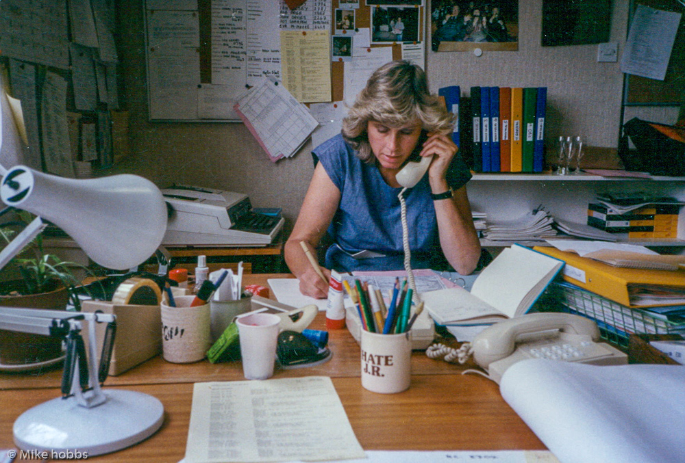 C. Crompton at PA’s office desk, L.E. Dept., Tedd Studios